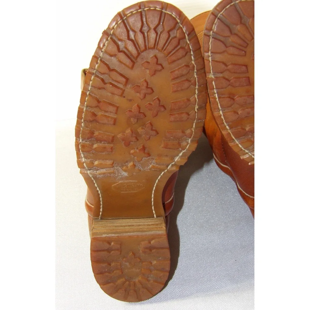 Vintage Tall Leather Pull On Boots Mens 8.5 Tan Good Vibram Lug Sole Work Moto